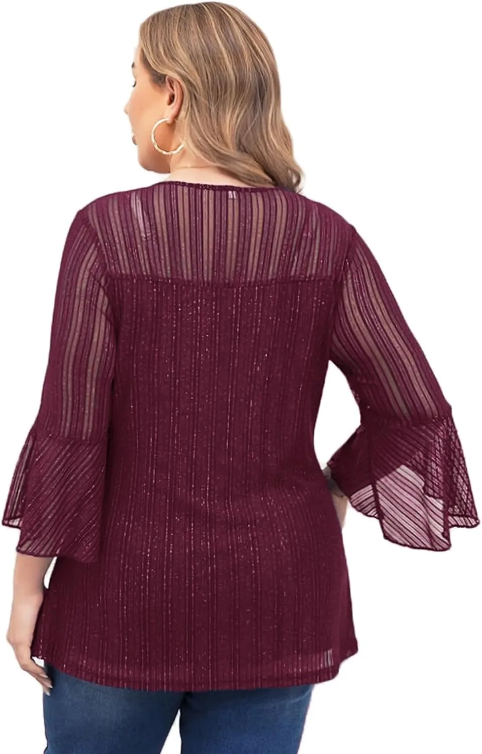 ZOMVA Women's Plus Size Ruffle 3/4 Sleeve Blouses Casual Elegant Dressy Crew Neck Double Layers Sparkly Mesh Tunic Tops