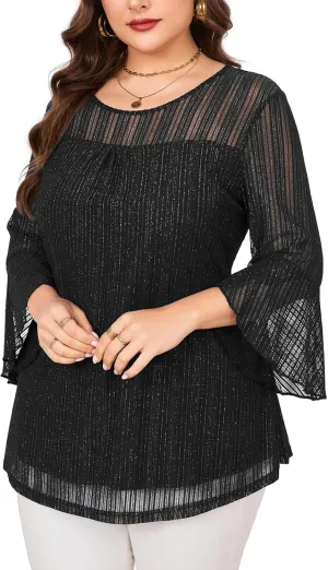 ZOMVA Women's Plus Size Ruffle 3/4 Sleeve Blouses Casual Elegant Dressy Crew Neck Double Layers Sparkly Mesh Tunic Tops