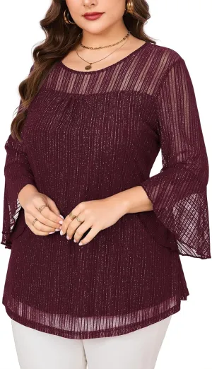 ZOMVA Women's Plus Size Ruffle 3/4 Sleeve Blouses Casual Elegant Dressy Crew Neck Double Layers Sparkly Mesh Tunic Tops