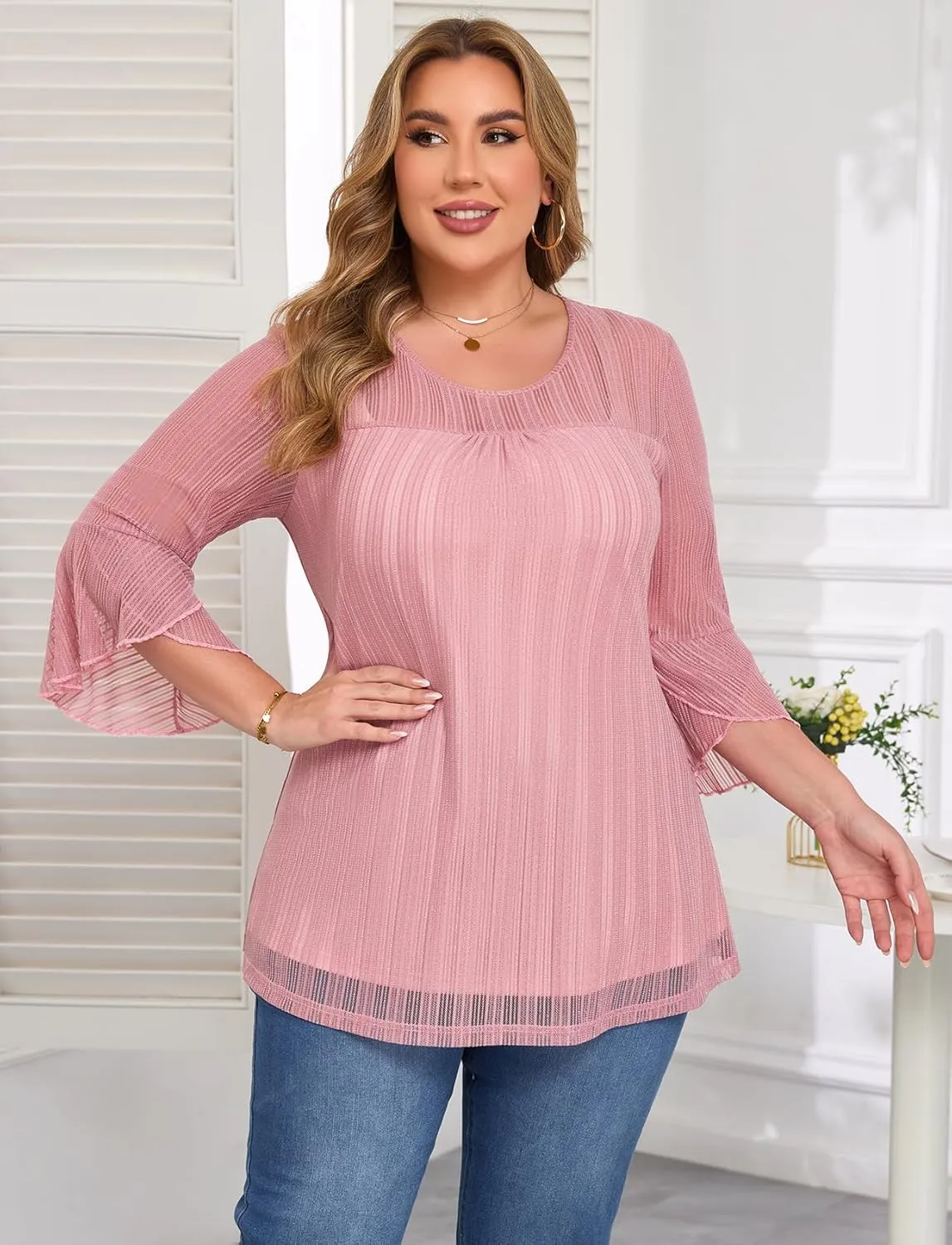 ZOMVA Women's Plus Size Ruffle 3/4 Sleeve Blouses Casual Elegant Dressy Crew Neck Double Layers Sparkly Mesh Tunic Tops