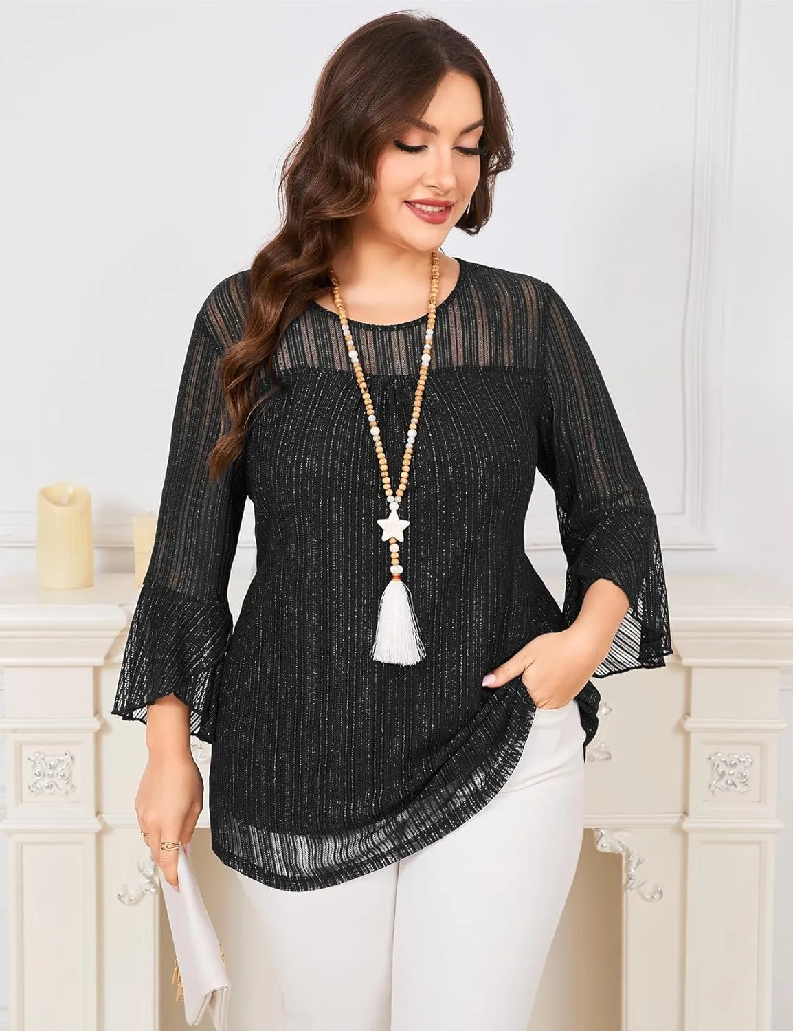 ZOMVA Women's Plus Size Ruffle 3/4 Sleeve Blouses Casual Elegant Dressy Crew Neck Double Layers Sparkly Mesh Tunic Tops