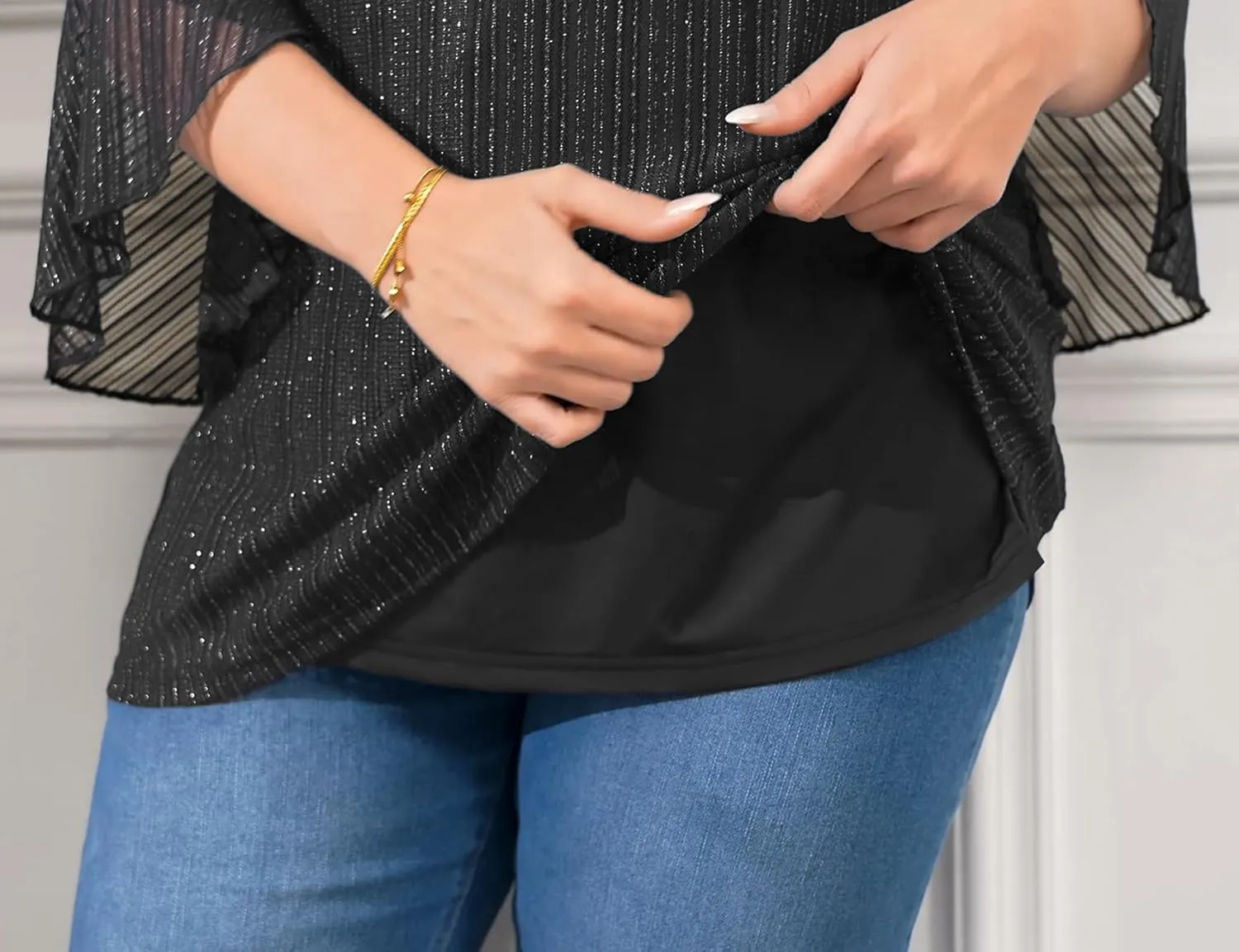 ZOMVA Women's Plus Size Ruffle 3/4 Sleeve Blouses Casual Elegant Dressy Crew Neck Double Layers Sparkly Mesh Tunic Tops
