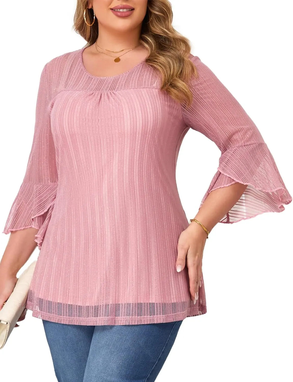 ZOMVA Women's Plus Size Ruffle 3/4 Sleeve Blouses Casual Elegant Dressy Crew Neck Double Layers Sparkly Mesh Tunic Tops
