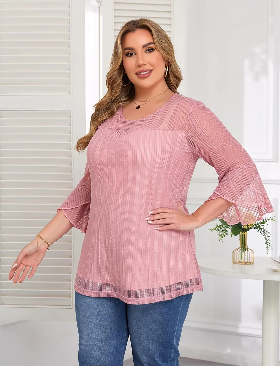 ZOMVA Women's Plus Size Ruffle 3/4 Sleeve Blouses Casual Elegant Dressy Crew Neck Double Layers Sparkly Mesh Tunic Tops