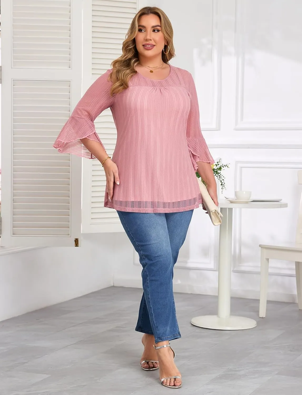 ZOMVA Women's Plus Size Ruffle 3/4 Sleeve Blouses Casual Elegant Dressy Crew Neck Double Layers Sparkly Mesh Tunic Tops