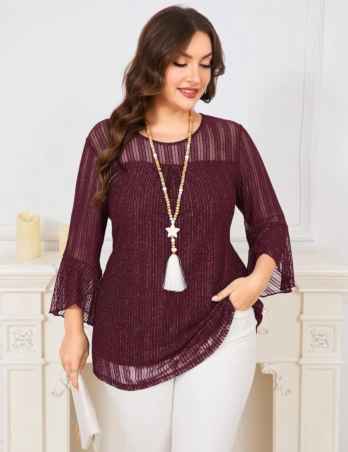 ZOMVA Women's Plus Size Ruffle 3/4 Sleeve Blouses Casual Elegant Dressy Crew Neck Double Layers Sparkly Mesh Tunic Tops