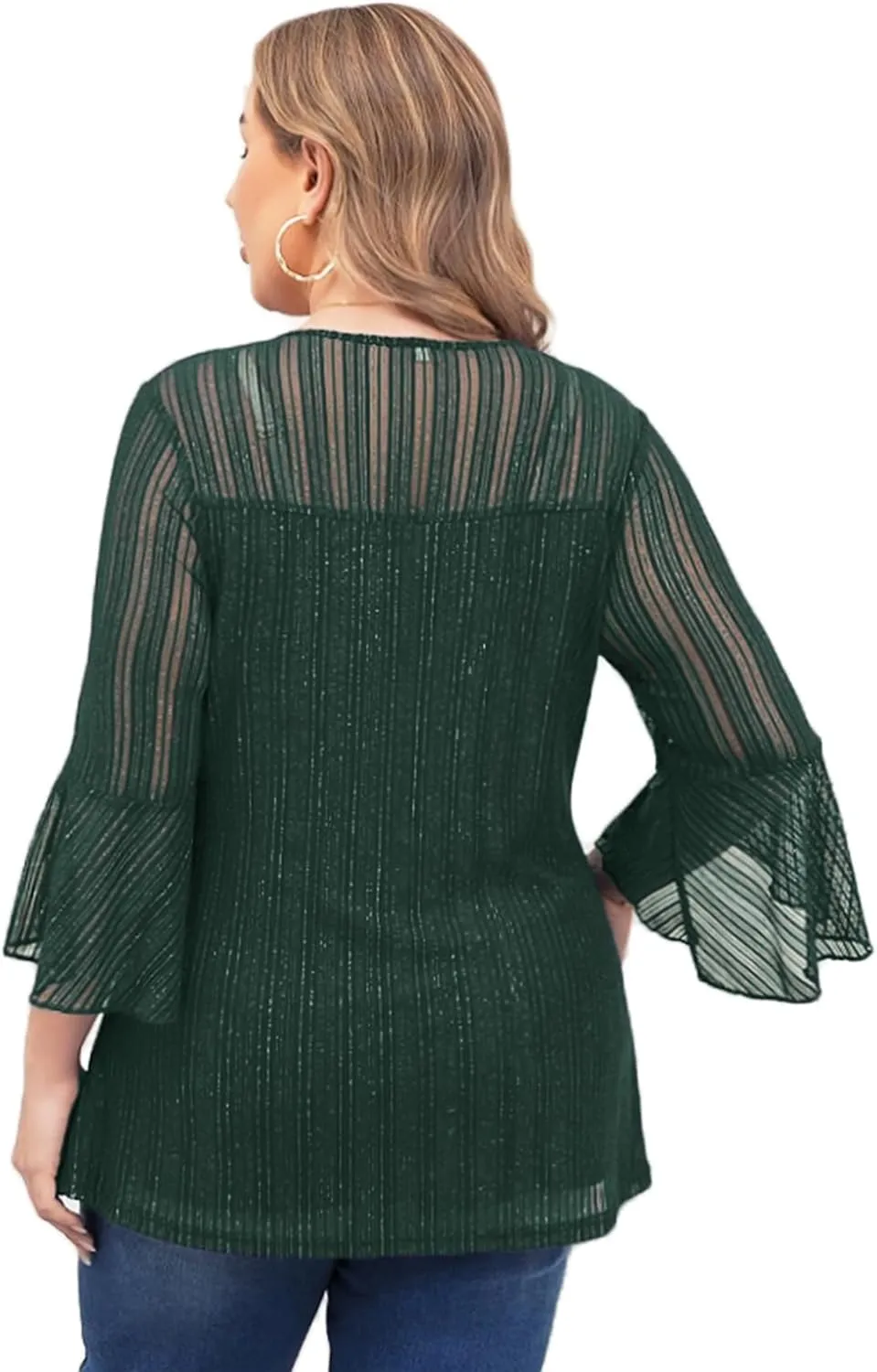 ZOMVA Women's Plus Size Ruffle 3/4 Sleeve Blouses Casual Elegant Dressy Crew Neck Double Layers Sparkly Mesh Tunic Tops