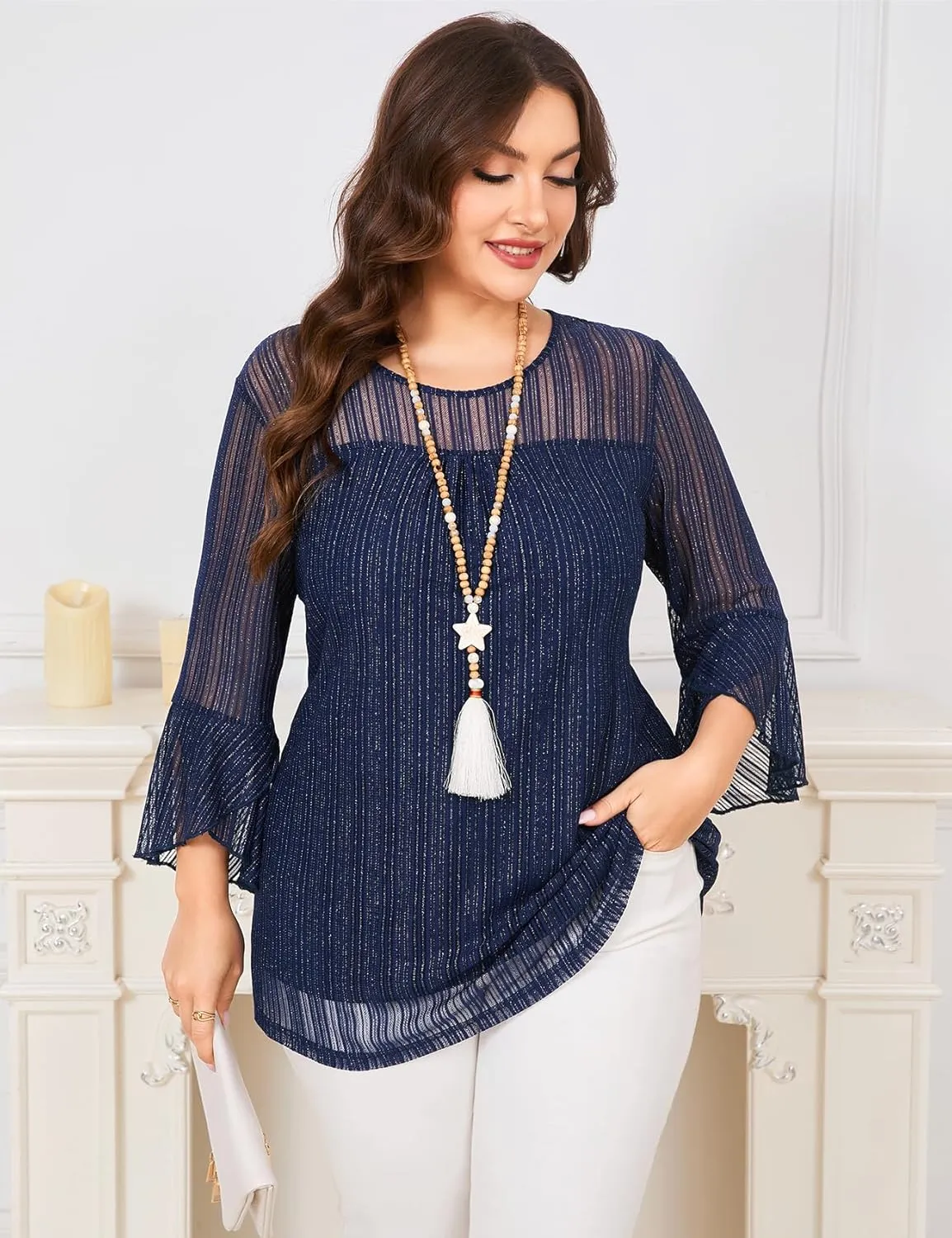 ZOMVA Women's Plus Size Ruffle 3/4 Sleeve Blouses Casual Elegant Dressy Crew Neck Double Layers Sparkly Mesh Tunic Tops